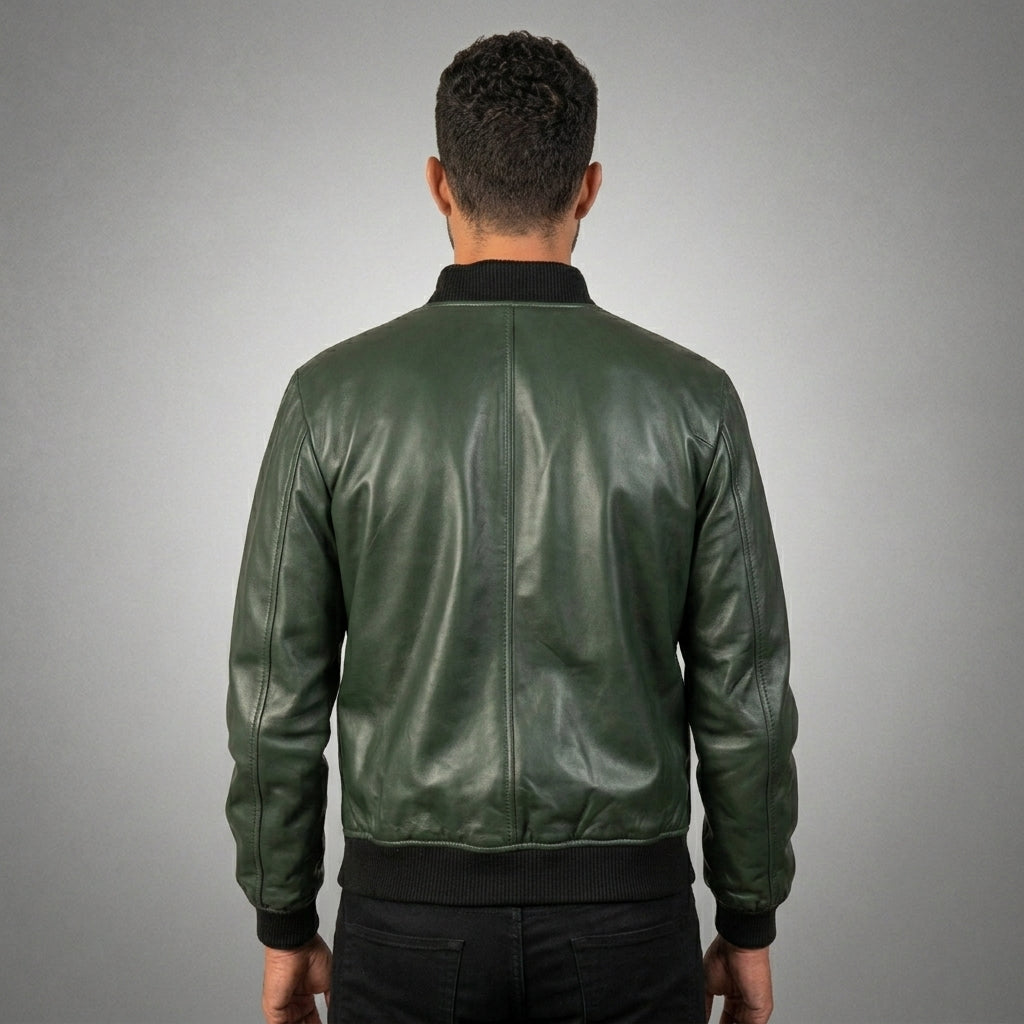 Men’s Green Real Leather Motorcycle Bomber Jacket