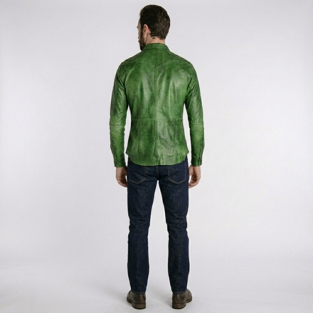 Men’s Green Napa Lamb Leather Biker Shirt