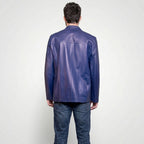 Men’s Classic Blue Leather Blazer Jacket – Slim Fit Smart Casual Style