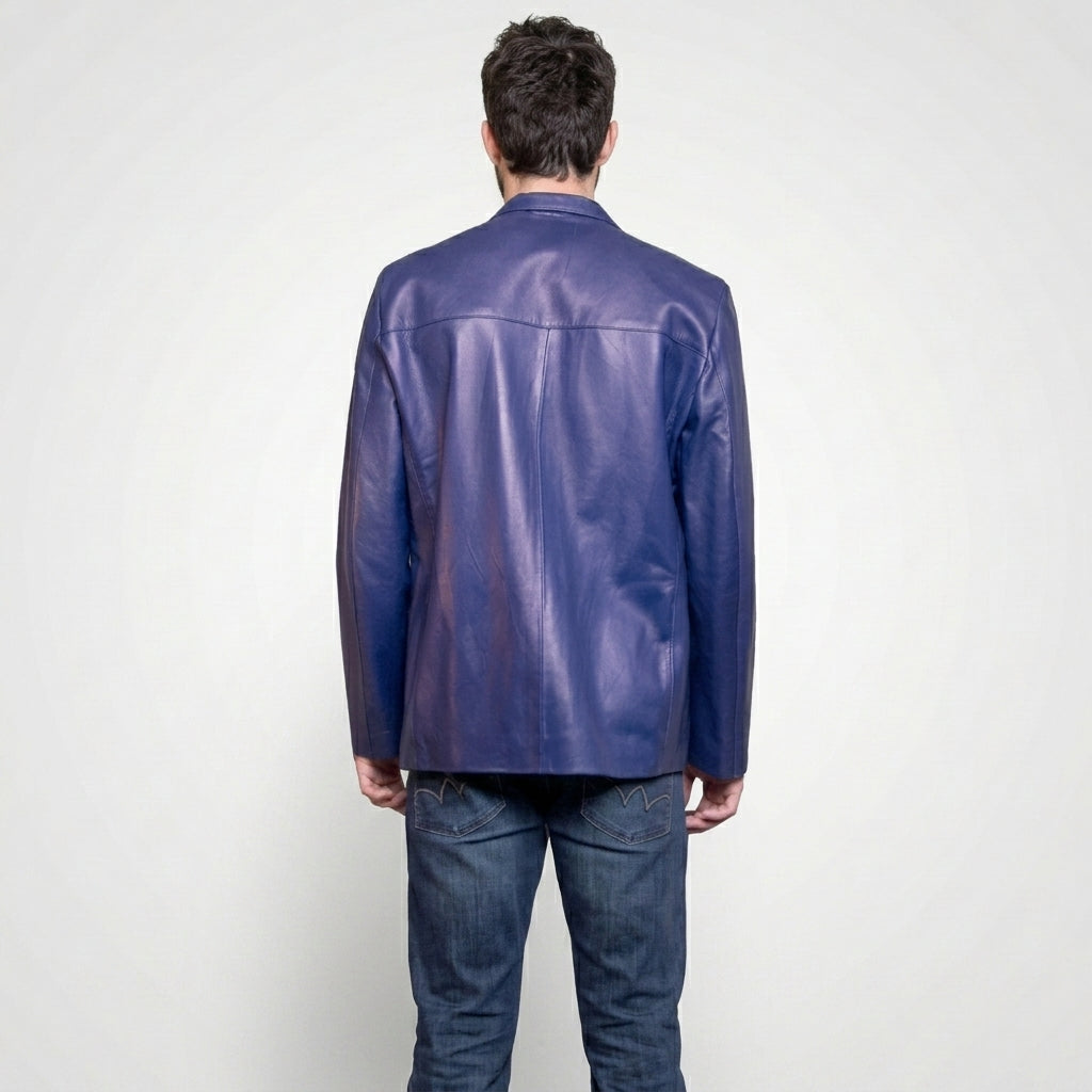 Men’s Classic Blue Leather Blazer Jacket – Slim Fit Smart Casual Style