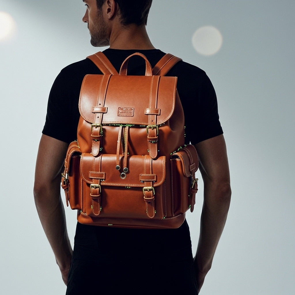 Vintage Genuine Leather Backpack with Buckle Straps & Multiple Exterior Pockets