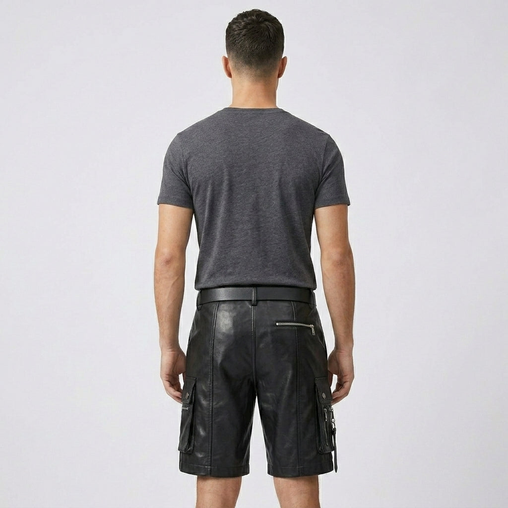 Men’s Black Leather Cargo Utility Shorts