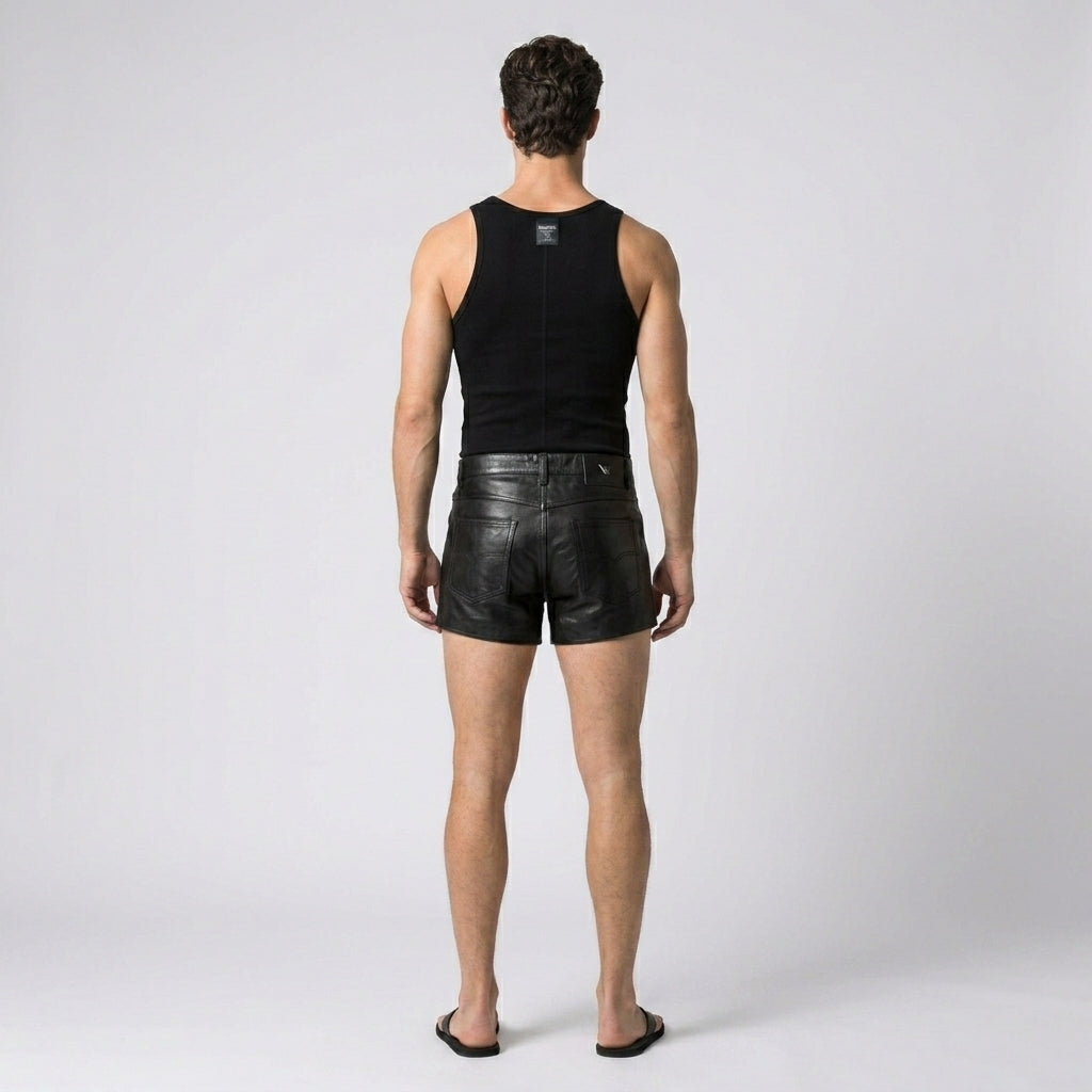 Men’s Black Double Zipper Leather Shorts