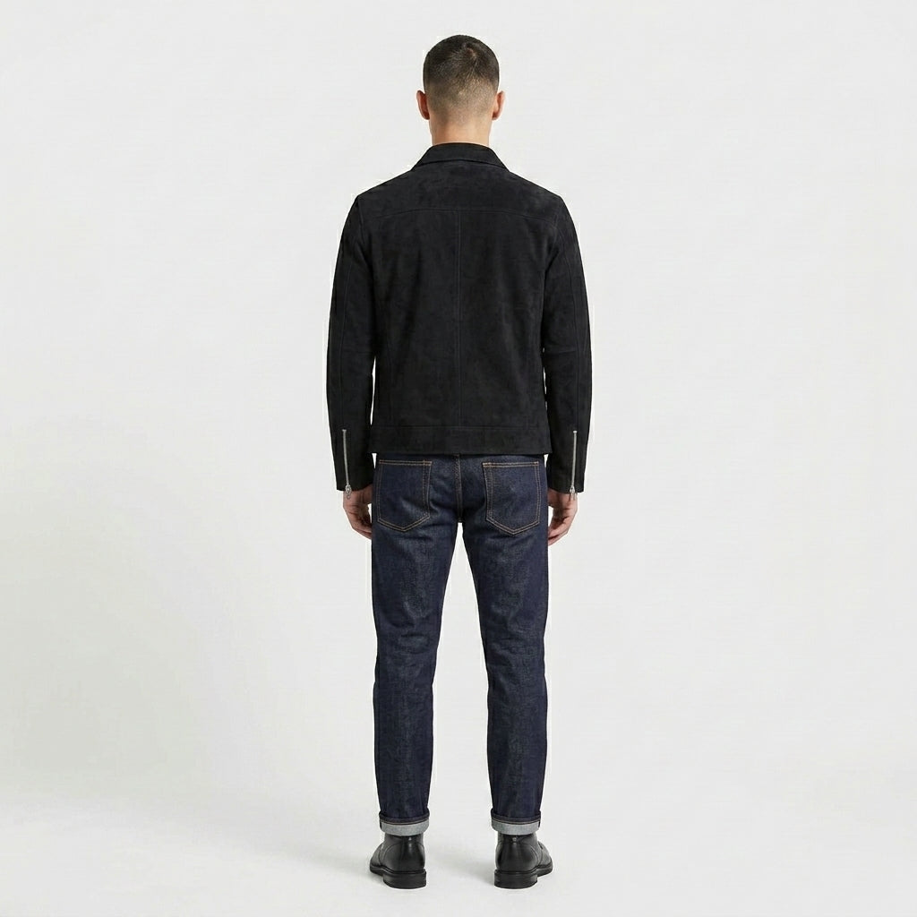 Men’s Black Suede Leather Trucker Jacket