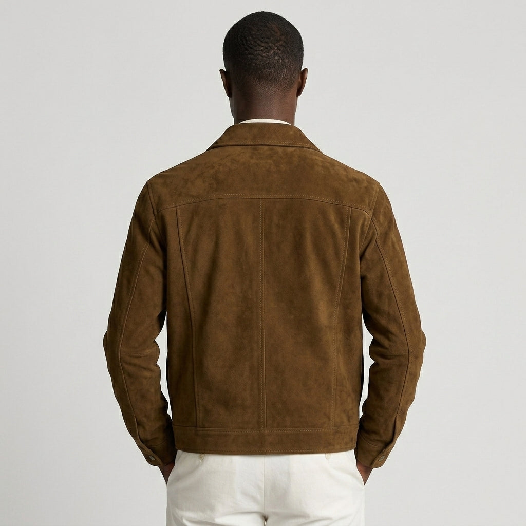 Men’s Dark Brown Suede Leather Trucker Jacket