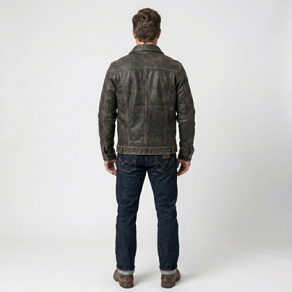 Men’s Distressed Leather Trucker Jacket