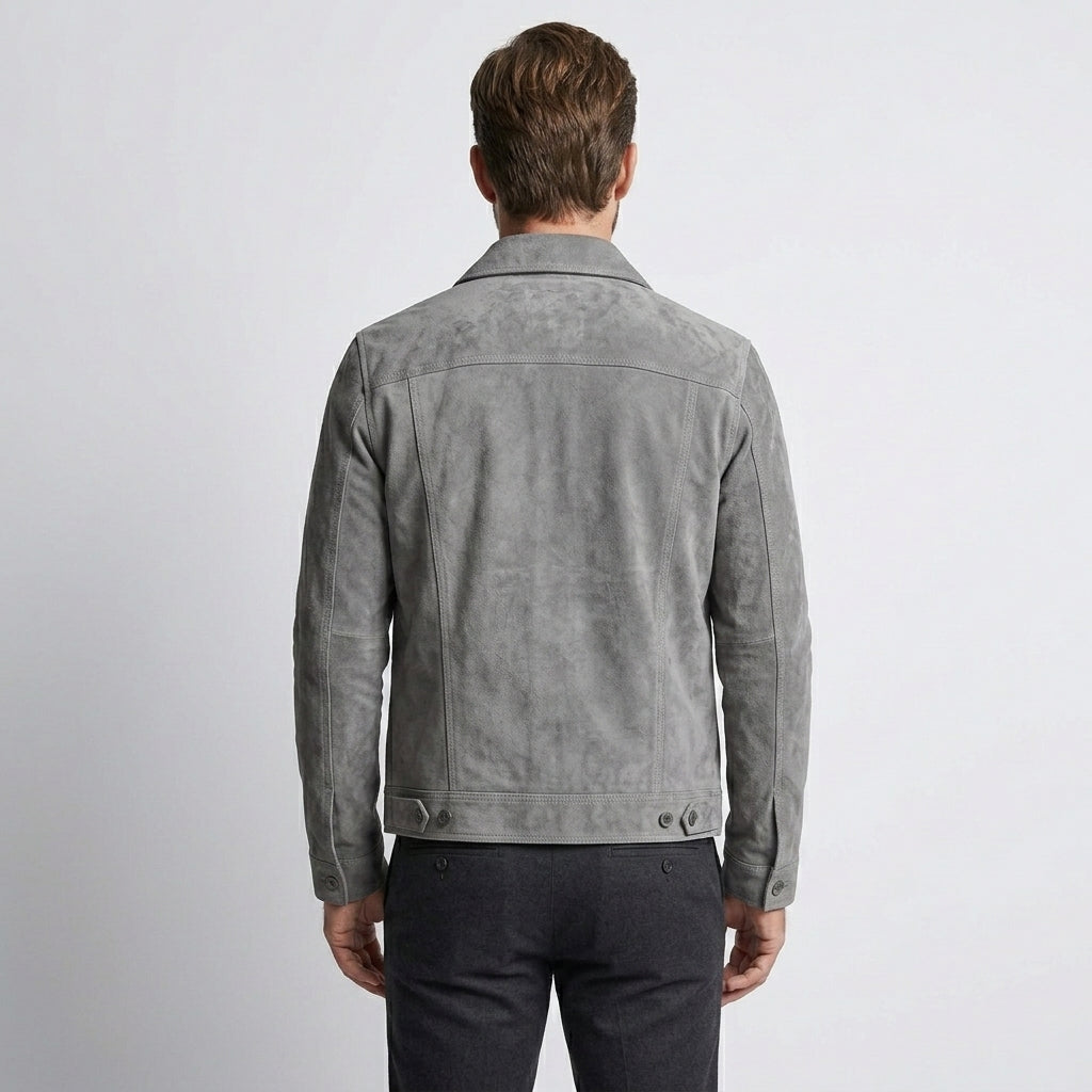 Men’s Gray Suede Leather Trucker Jacket