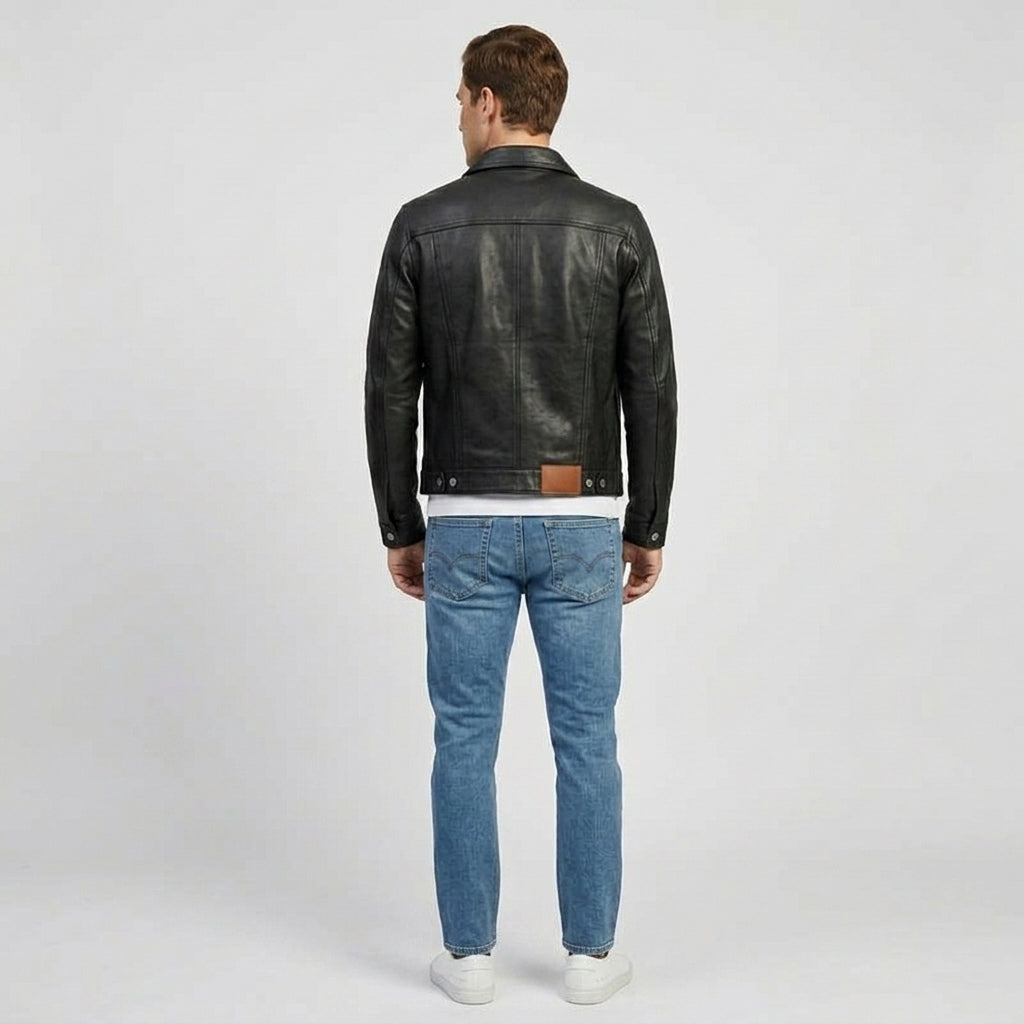 Men’s Vintage Black Sheepskin Leather Trucker Jacket