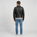 Men’s Vintage Black Sheepskin Leather Trucker Jacket
