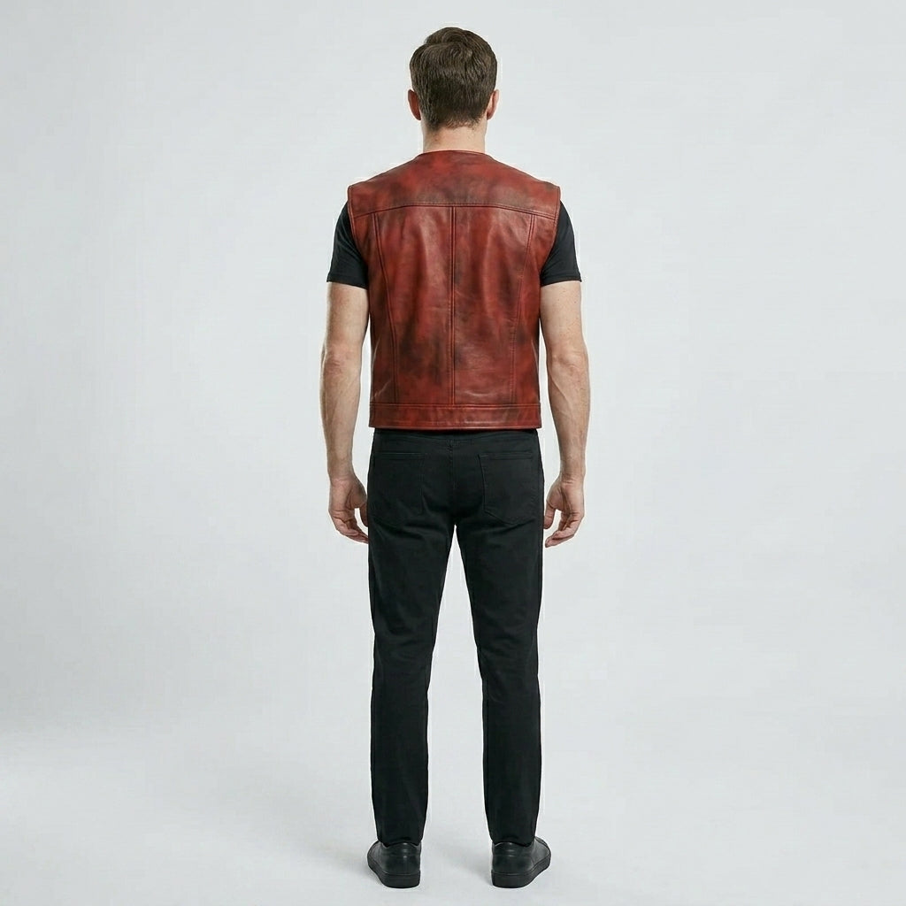 Men’s Vintage Red Leather Biker Vest