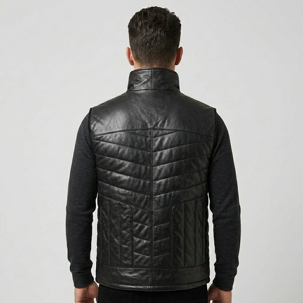 Men’s Black Quilted Leather Puffer Vest