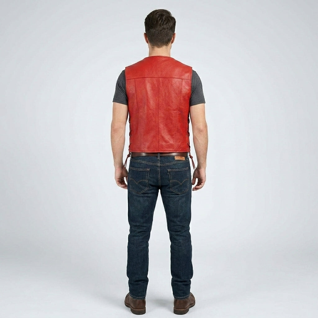 Men’s Red Leather Motorcycle Biker Vest