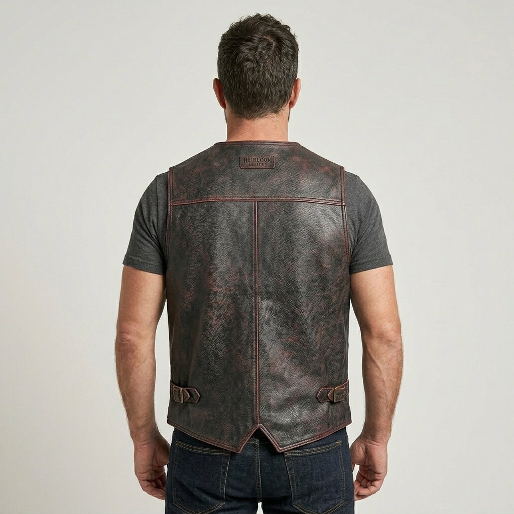 Men’s Vintage Black & Red Leather Vest