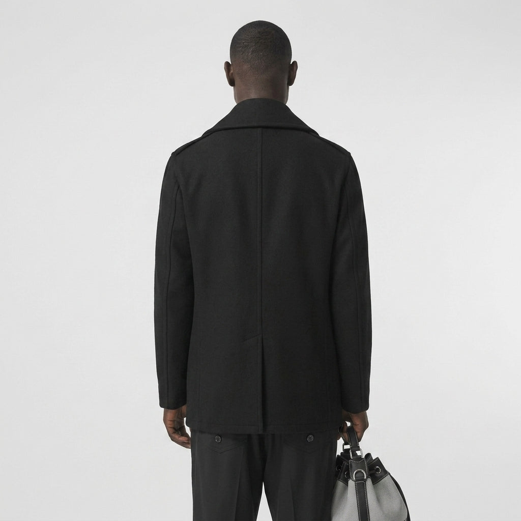 Men’s Black Fleece Peacoat – Classic Double-Breasted Winter Coat