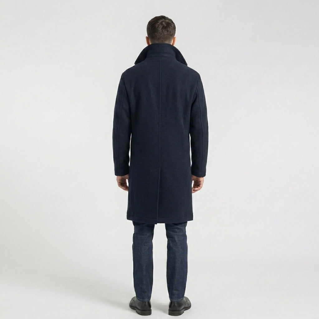 Men’s Dark Blue Fleece Peacoat – Classic Double-Breasted Winter Coat