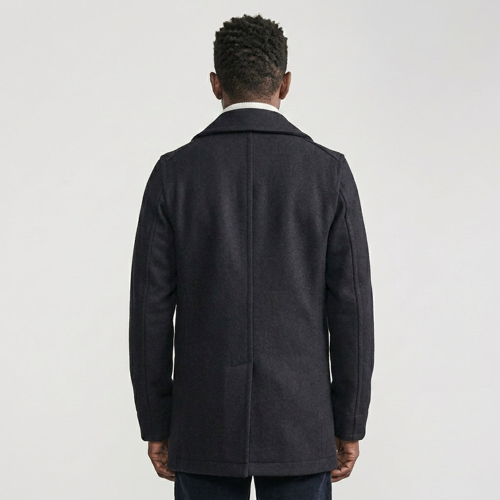 Men’s Dark Navy Fleece Peacoat – Classic Double-Breasted Winter Coat