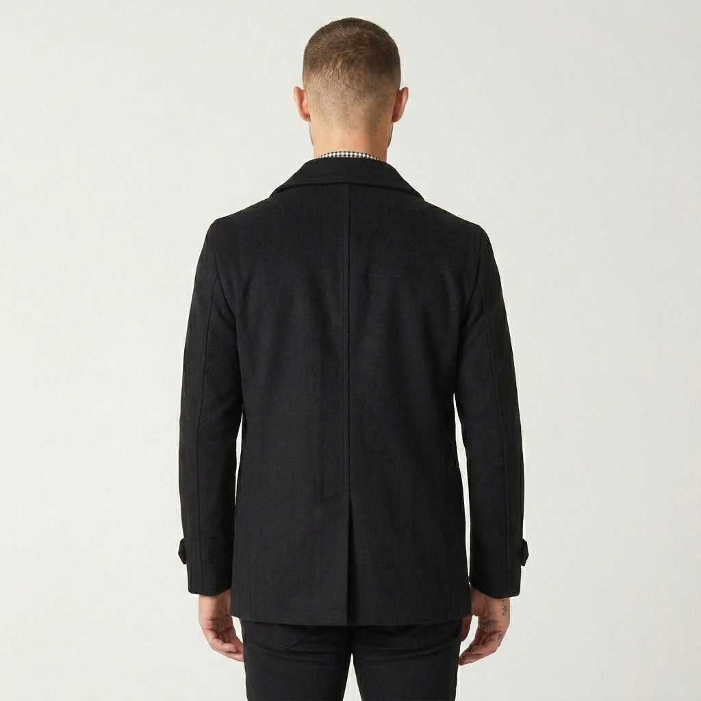 Men’s Black Navy Wool Peacoat – Classic Double-Breasted Winter Coat