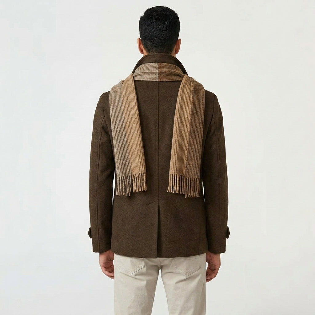 Men’s Brown Fleece Peacoat – Classic Double-Breasted Winter Coat