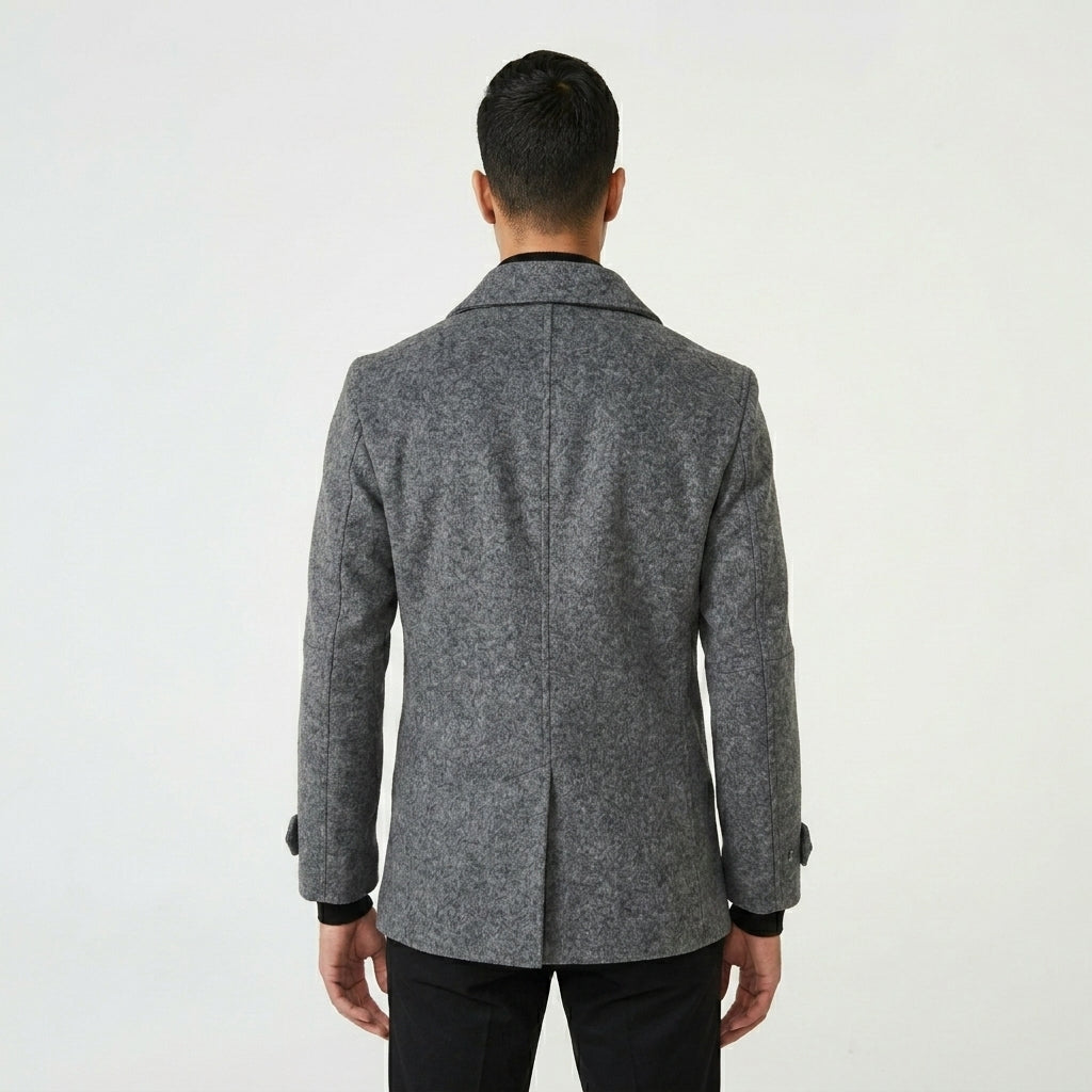 Men’s Grey Marle Fleece Peacoat – Classic Double-Breasted Winter Coat