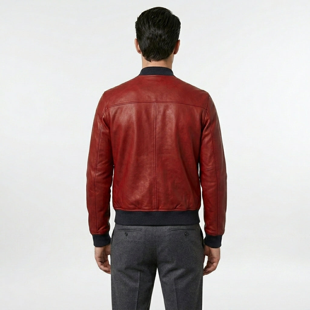 Men’s Fashion Lambskin Red Leather Bomber Jacket