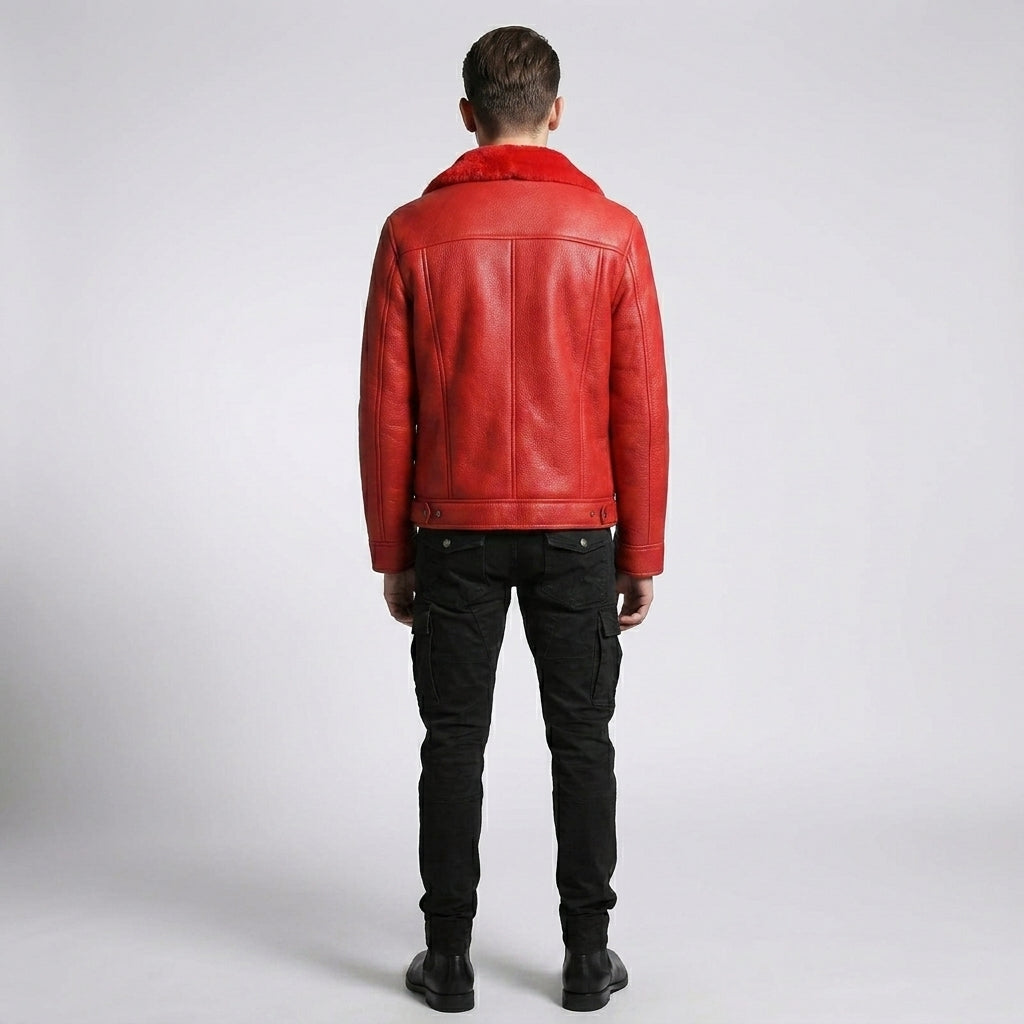 Men’s Red Shearling Trucker Leather Jacket