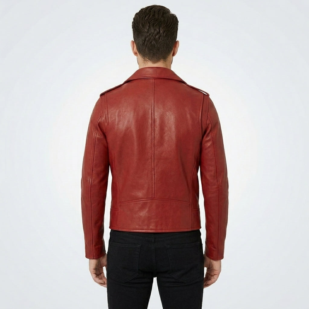 Men’s Red Real Leather Biker Jacket – Bold Slim Fit Moto Style