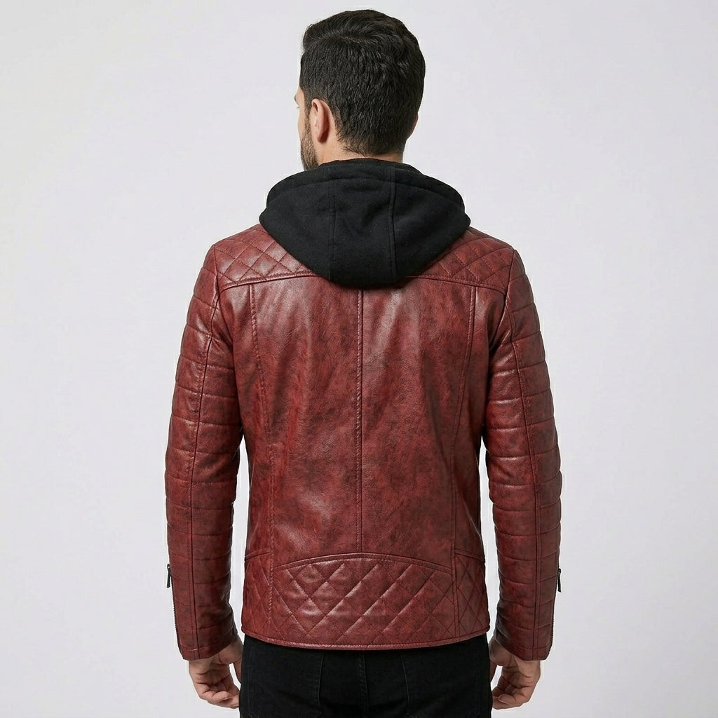 Men’s Red Leather Hooded Biker Jacket – Slim Fit Moto Style