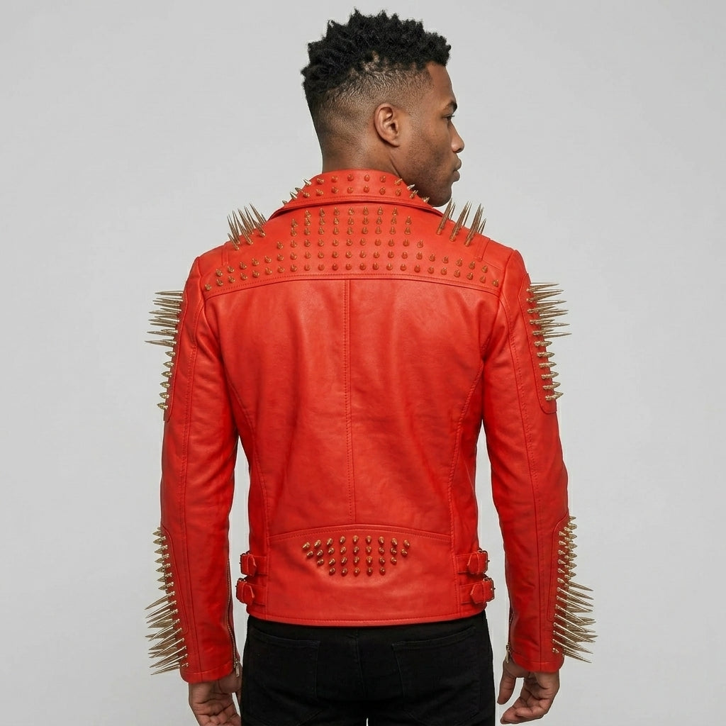 Men’s Red Studded Leather Biker Jacket