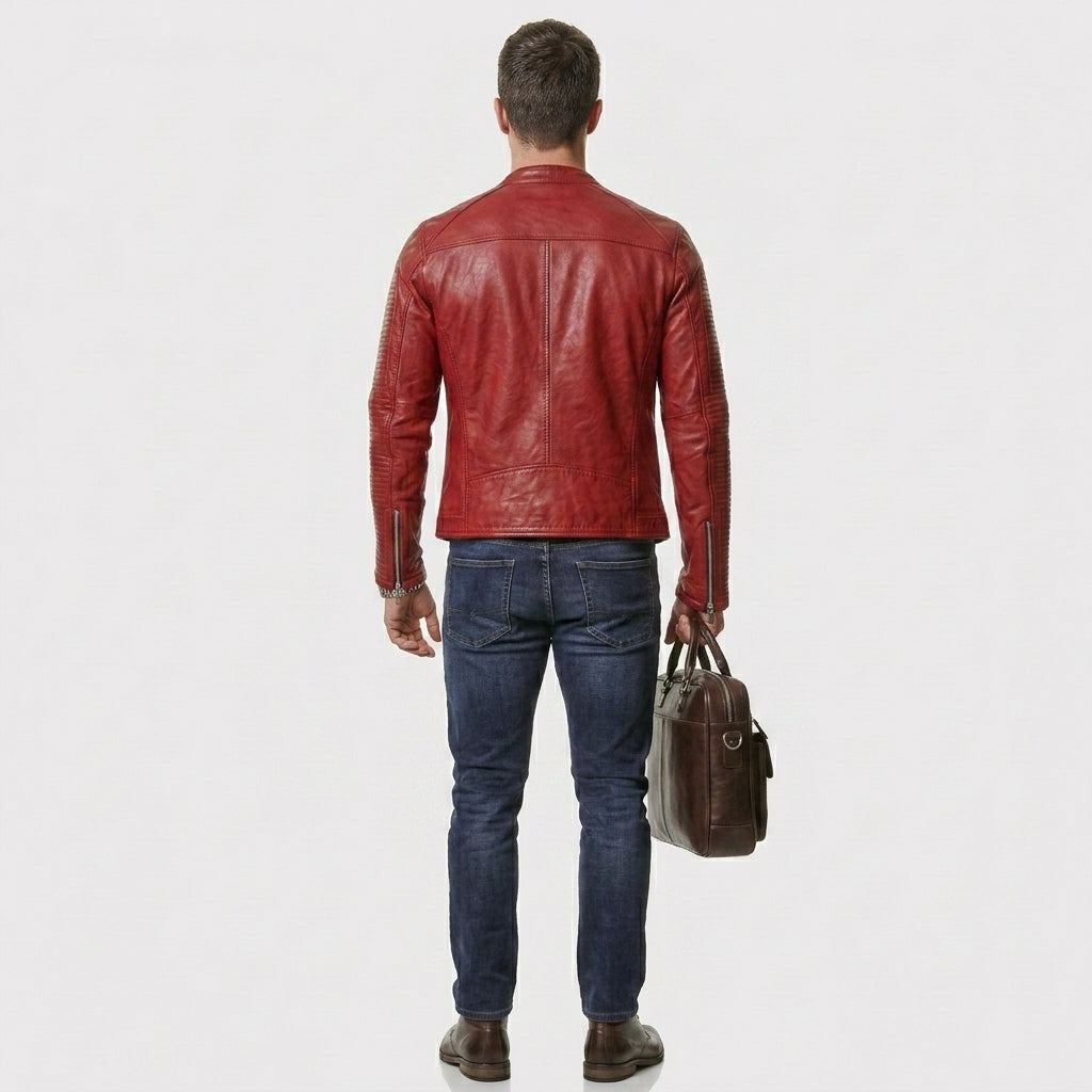 Men’s Red Slim Fit Biker Leather Jacket – Modern Moto Style