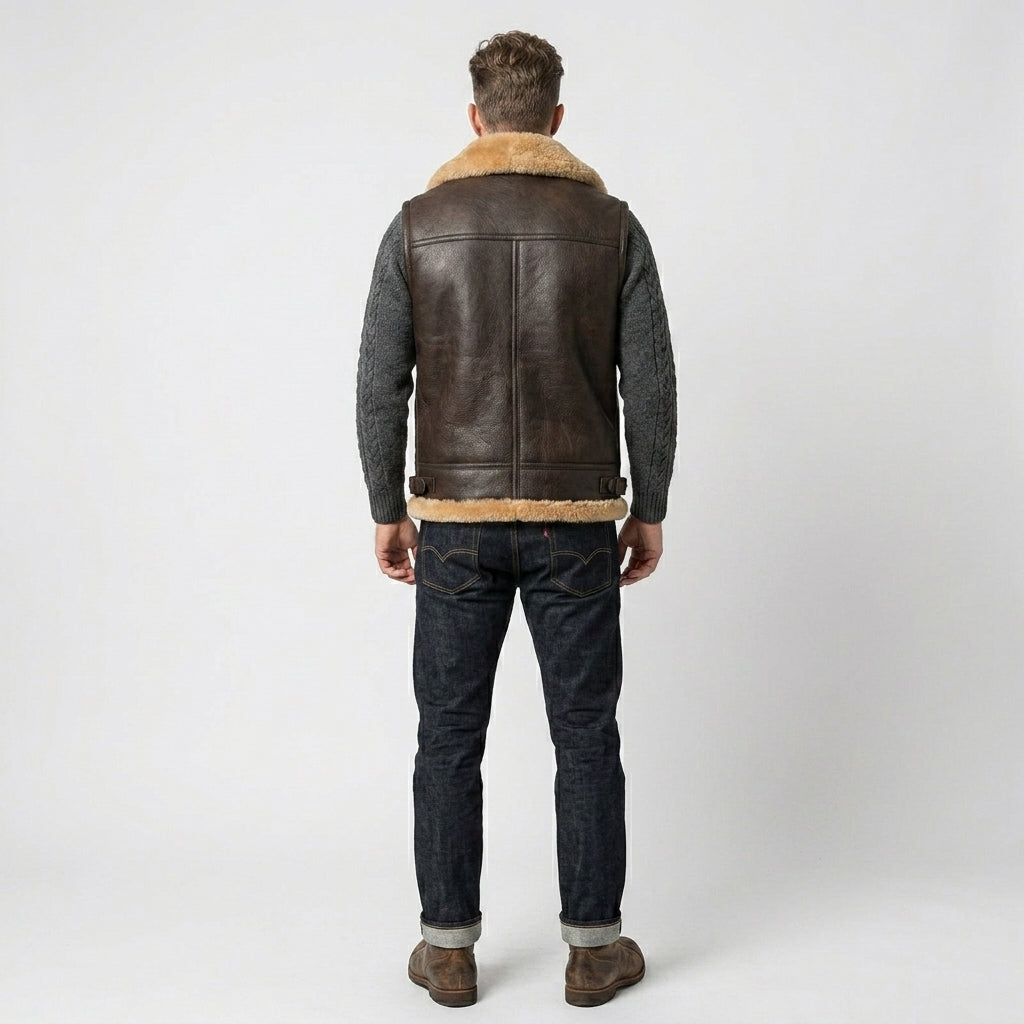 Men’s Black Leather Sheepskin Gilet Vest – Shearling Winter Style