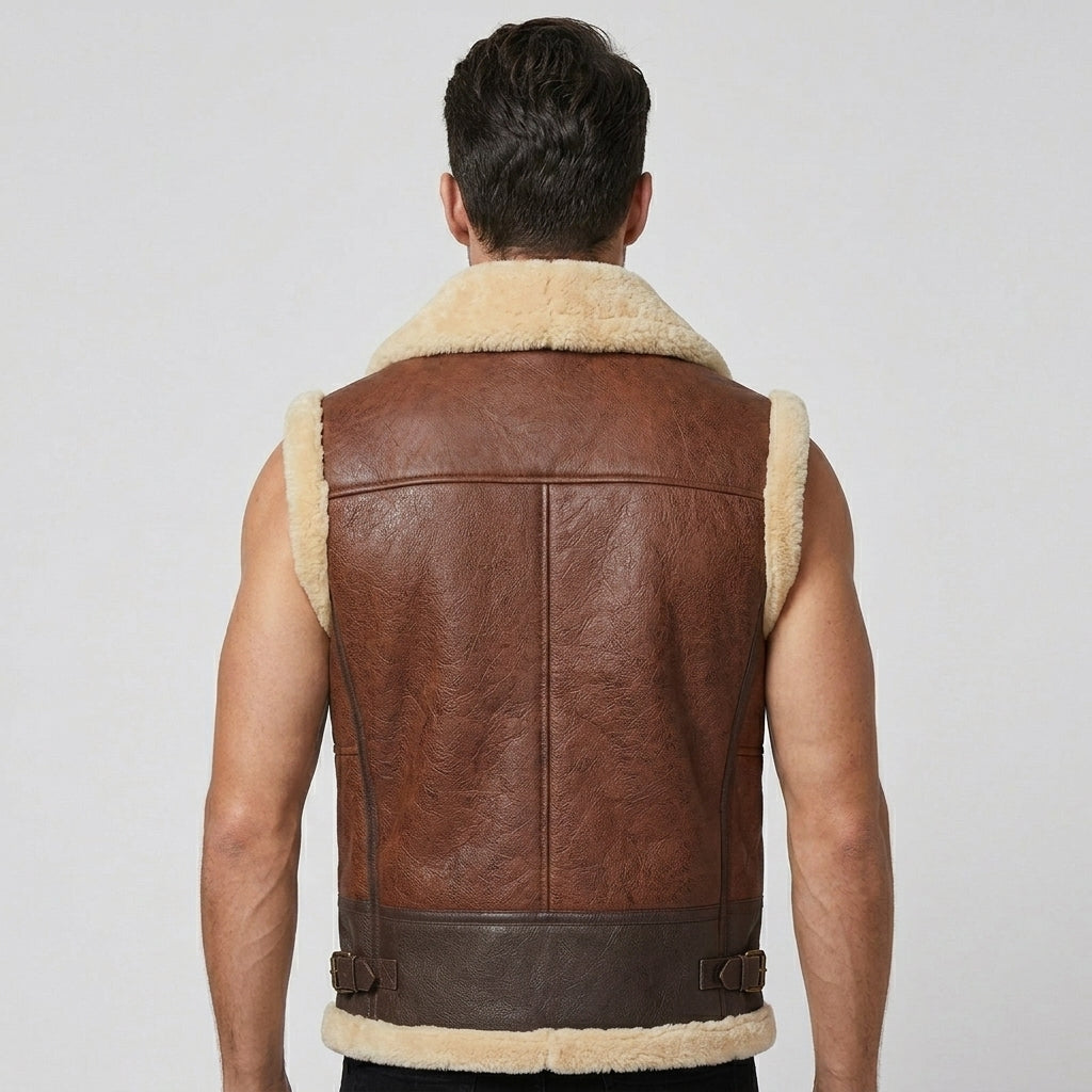 Men’s Brown Shearling Leather Vest – Premium Sheepskin Winter Gilet