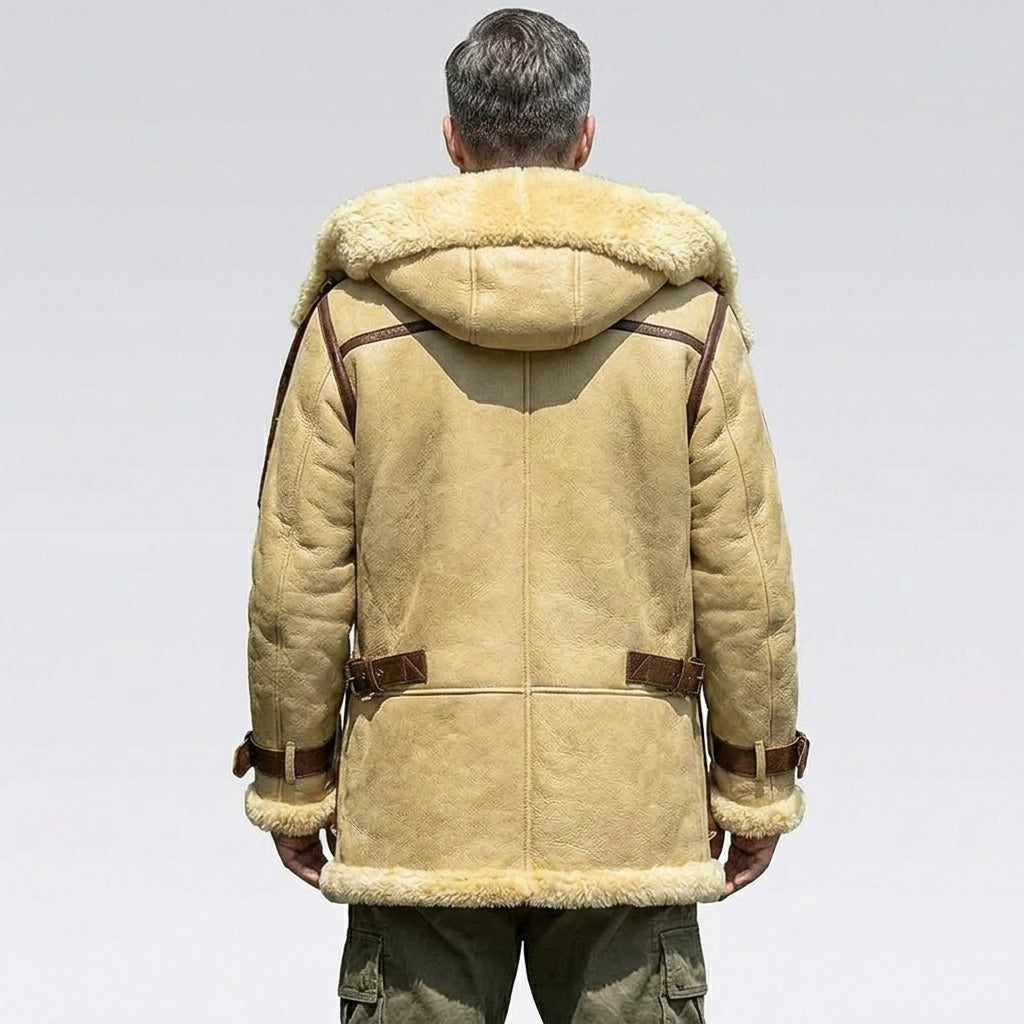 Men’s Ivory Yellow Hooded Shearling Sheepskin Jacket