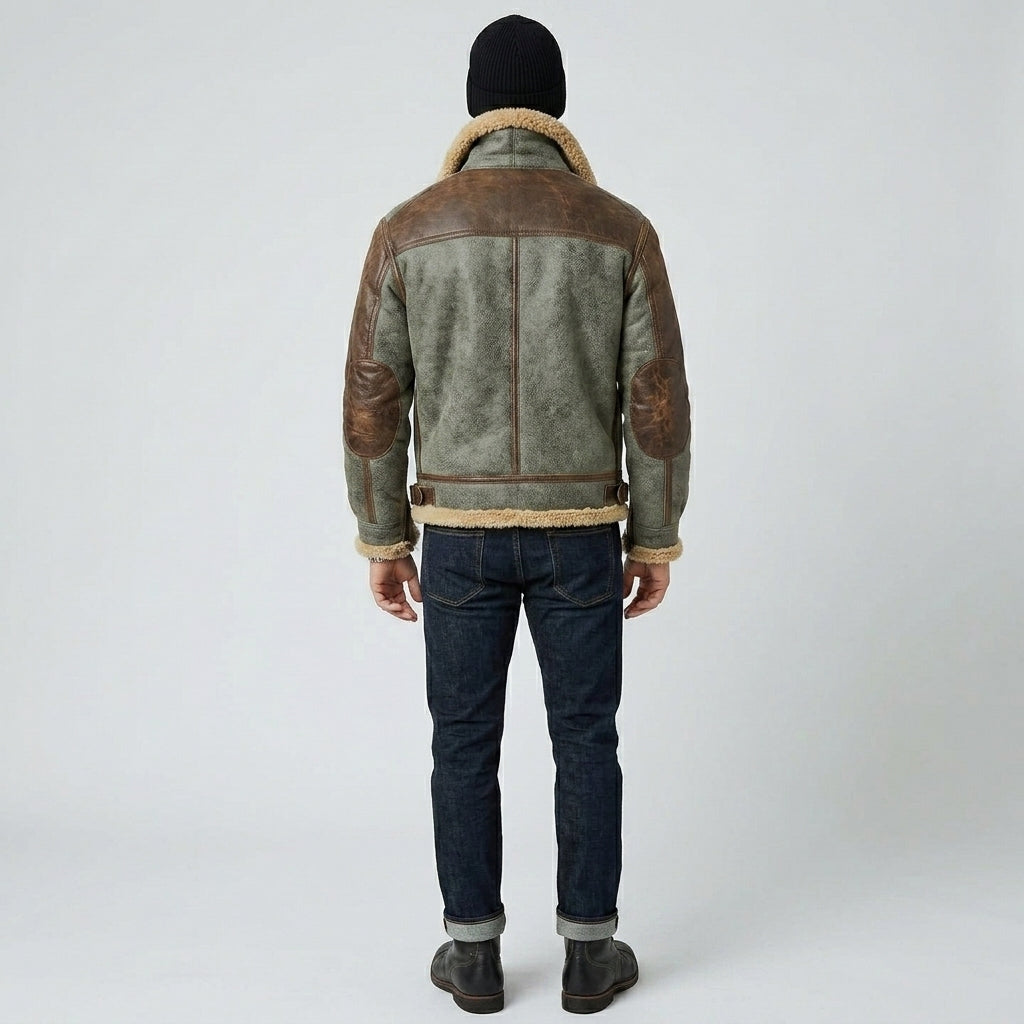 Men’s Genuine Leather Winter Jacket with Shearling Collar