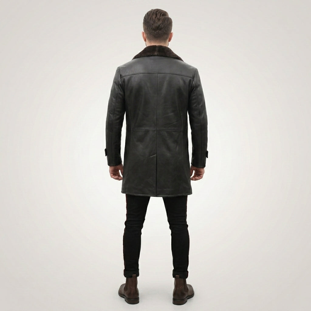 Men’s Black Leather Trench Coat with Shearling Lining