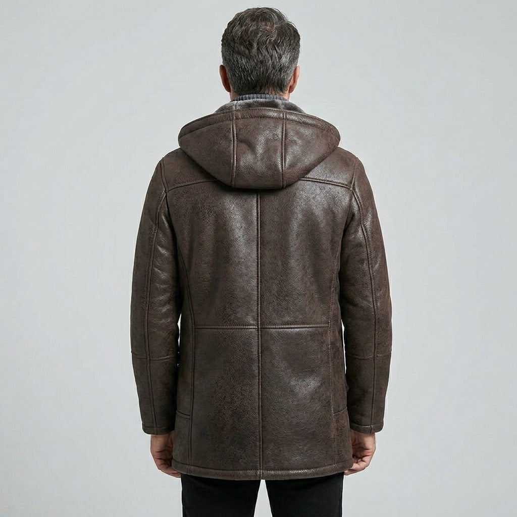 Men’s Dark Brown Hooded Shearling Coat