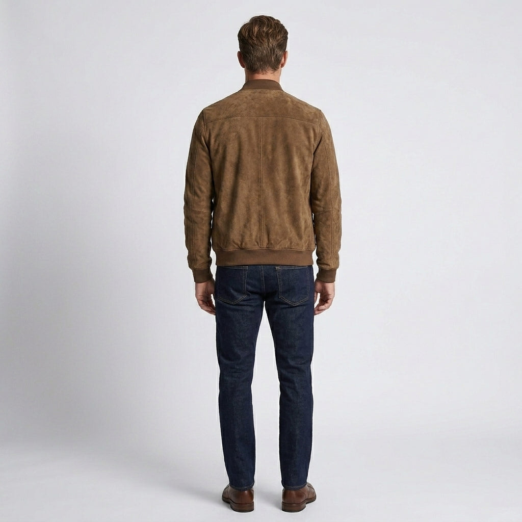 Classic Brown Suede Men’s Leather Bomber Jacket – Timeless Aviator Style