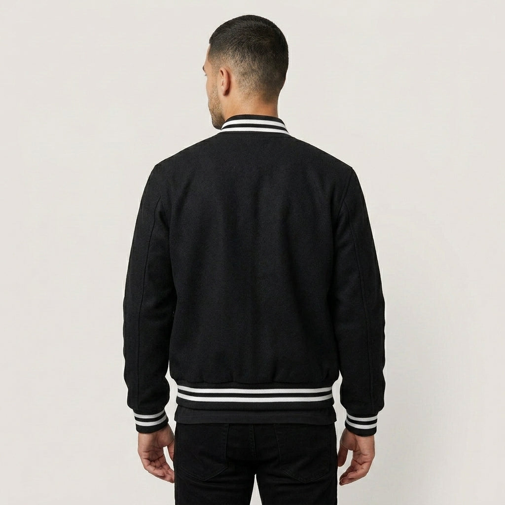 Men’s Black Fleece Varsity Jacket – Classic Letterman Bomber Style