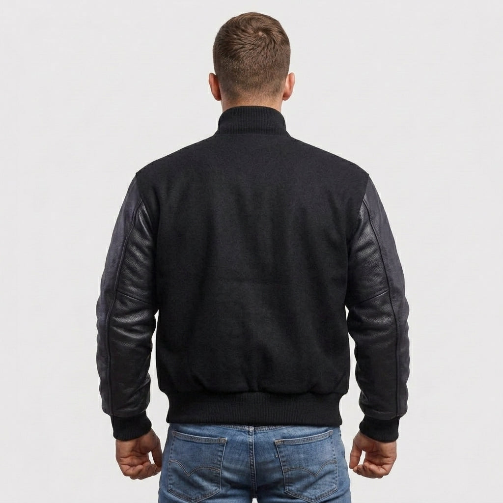 Stylish Black Wool & Leather Letterman Jacket – Premium Men's Varsity Jacket