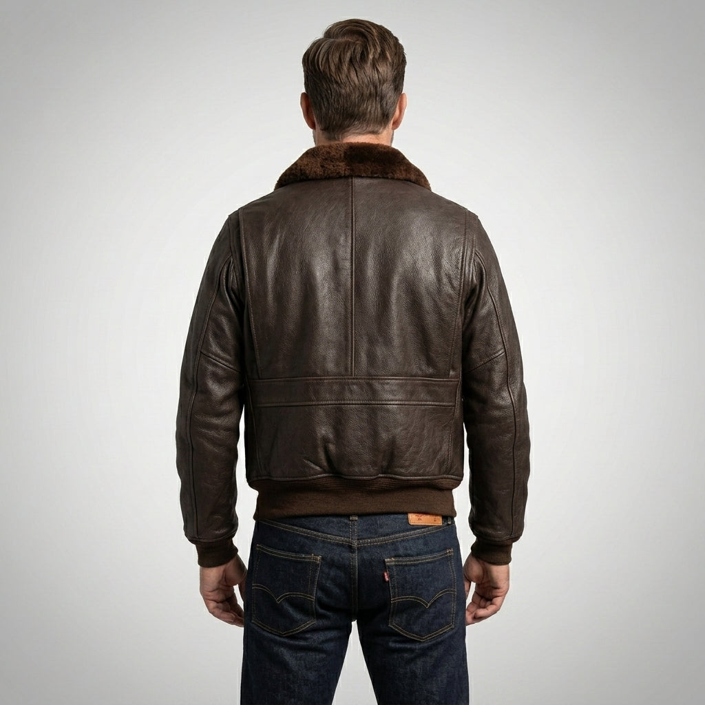 Men’s Vintage Warrior G-1 Military Bomber Jacket – Brown Fur Collar Aviator Style