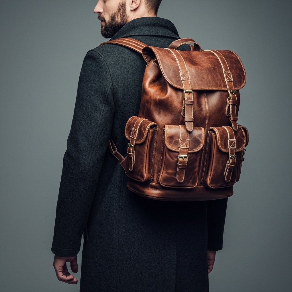 Men’s Vintage Top-Grain Cowhide Leather Backpack with Brass Hardware