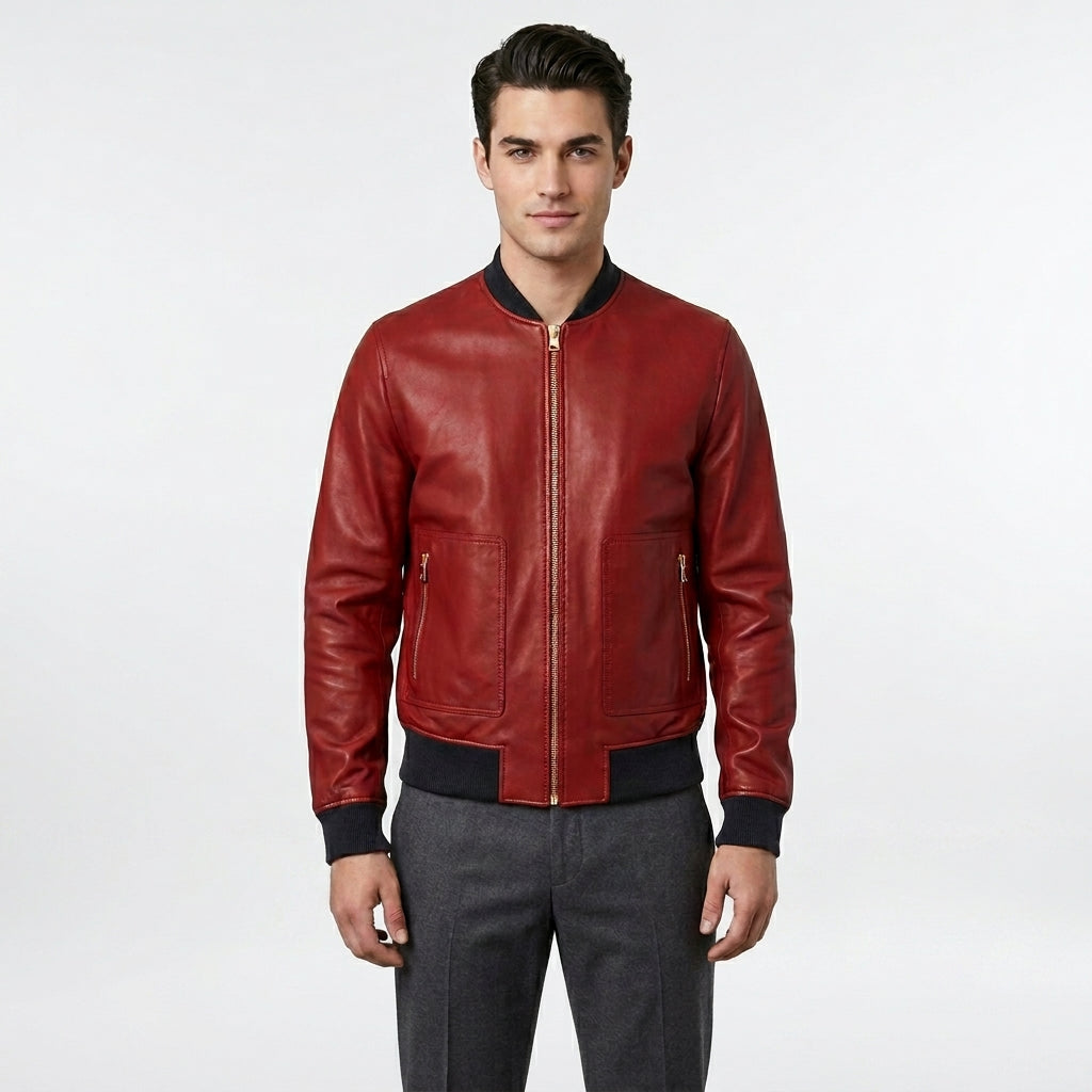 Men’s Fashion Lambskin Red Leather Bomber Jacket