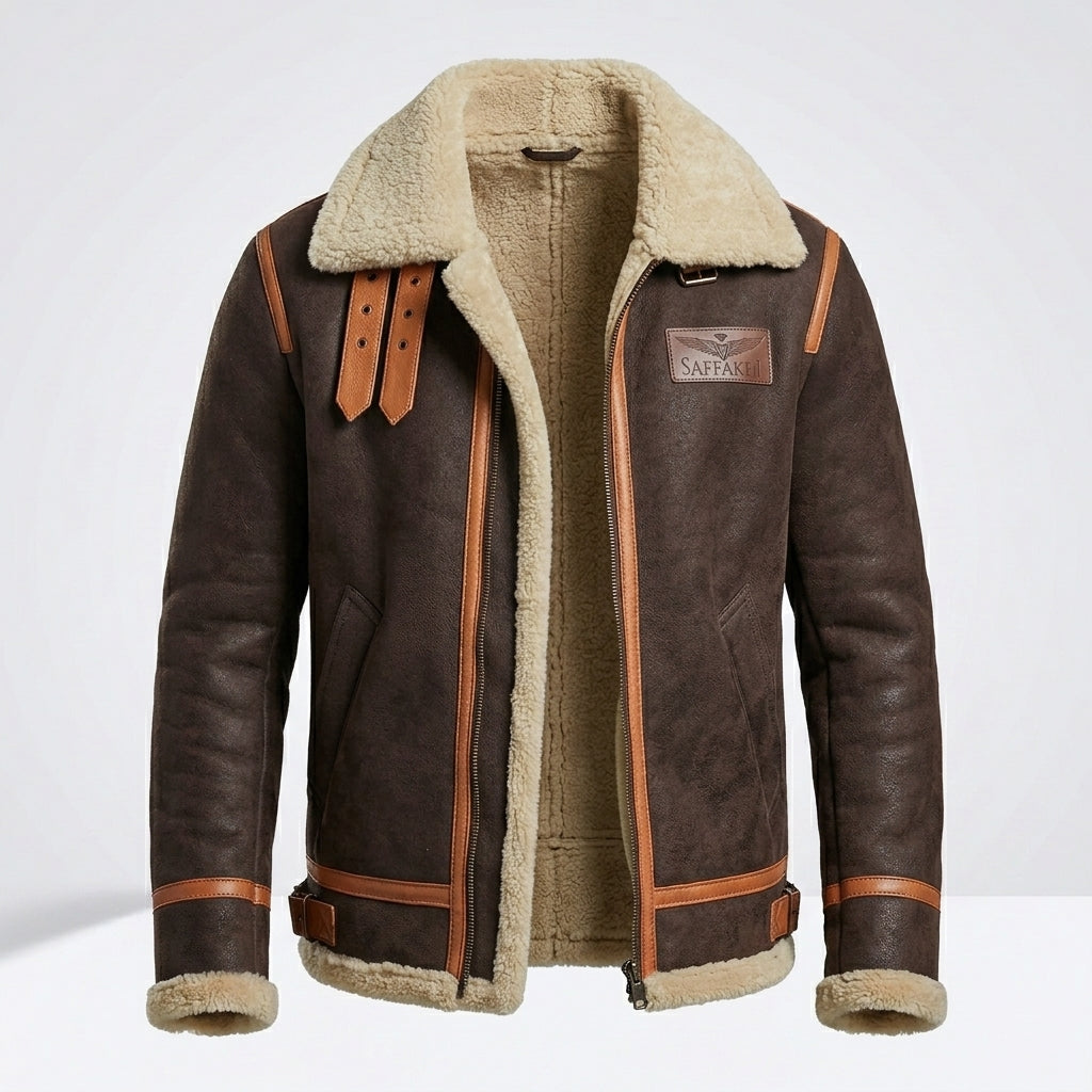 Men’s Brown B-3 Aviator Sheepskin Shearling Bomber Jacket