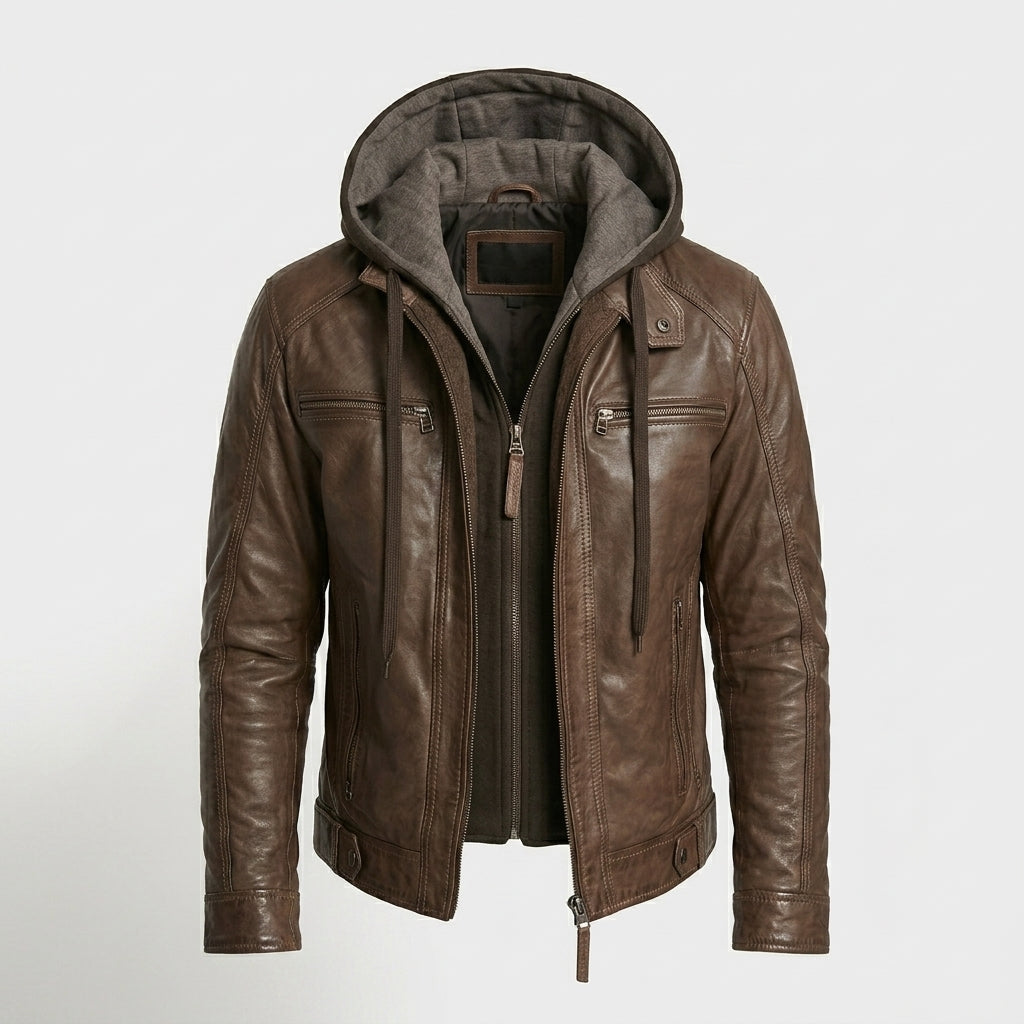 Men’s Hooded Brown Leather Jacket