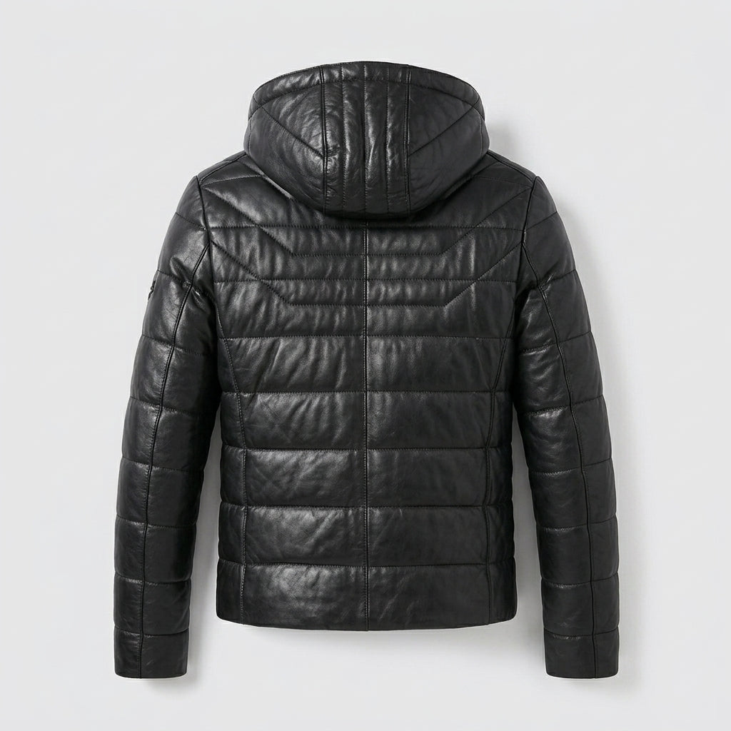 Men’s Real Leather Puffer Hooded Jacket