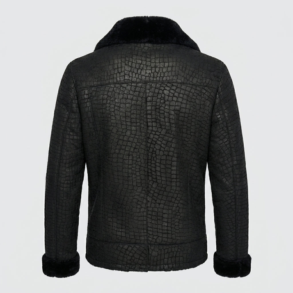 Men’s Black Crocodile Print Sheepskin Fur Leather Coat