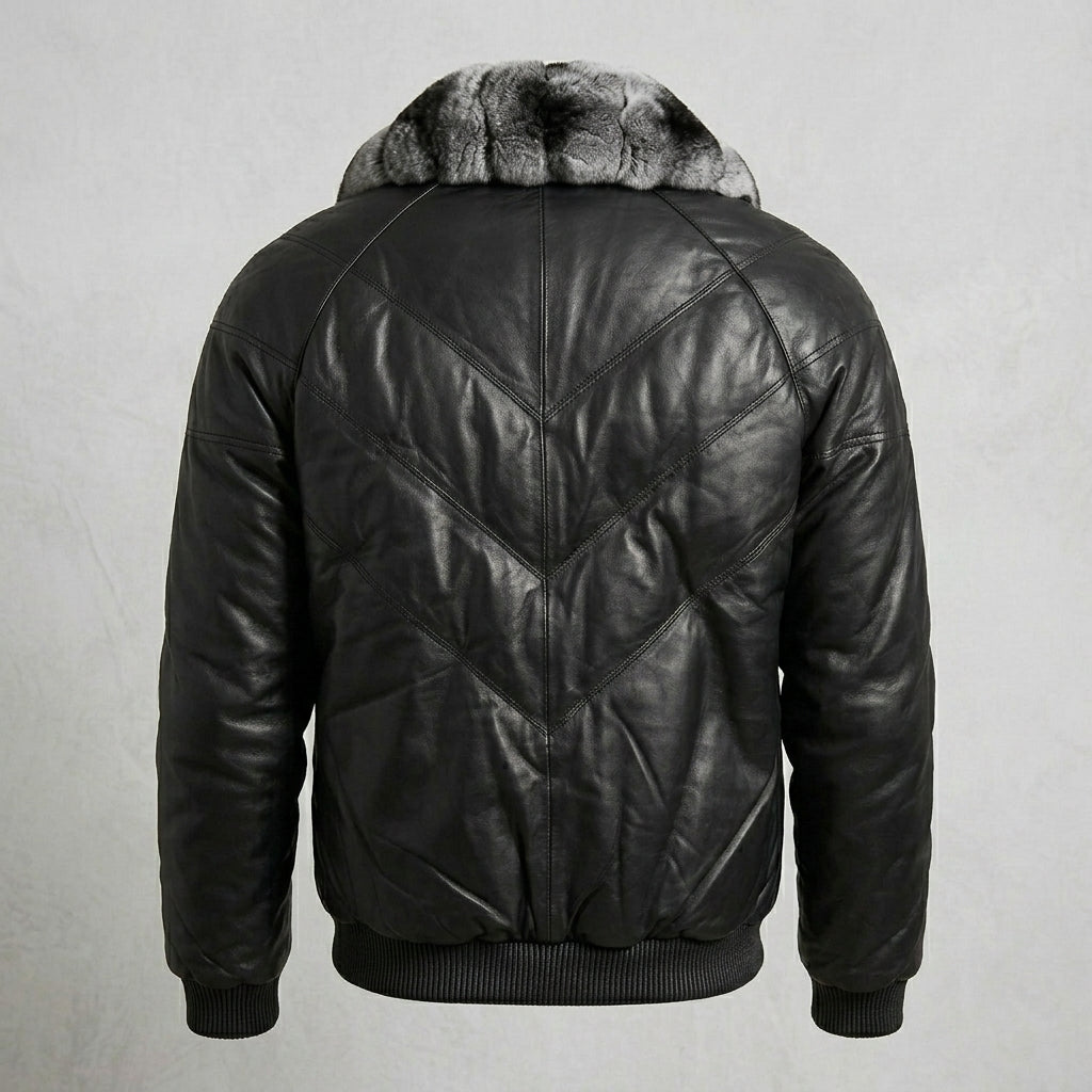 Men’s Black V-Bomber Leather Jacket – Quilted Street Style Bomber