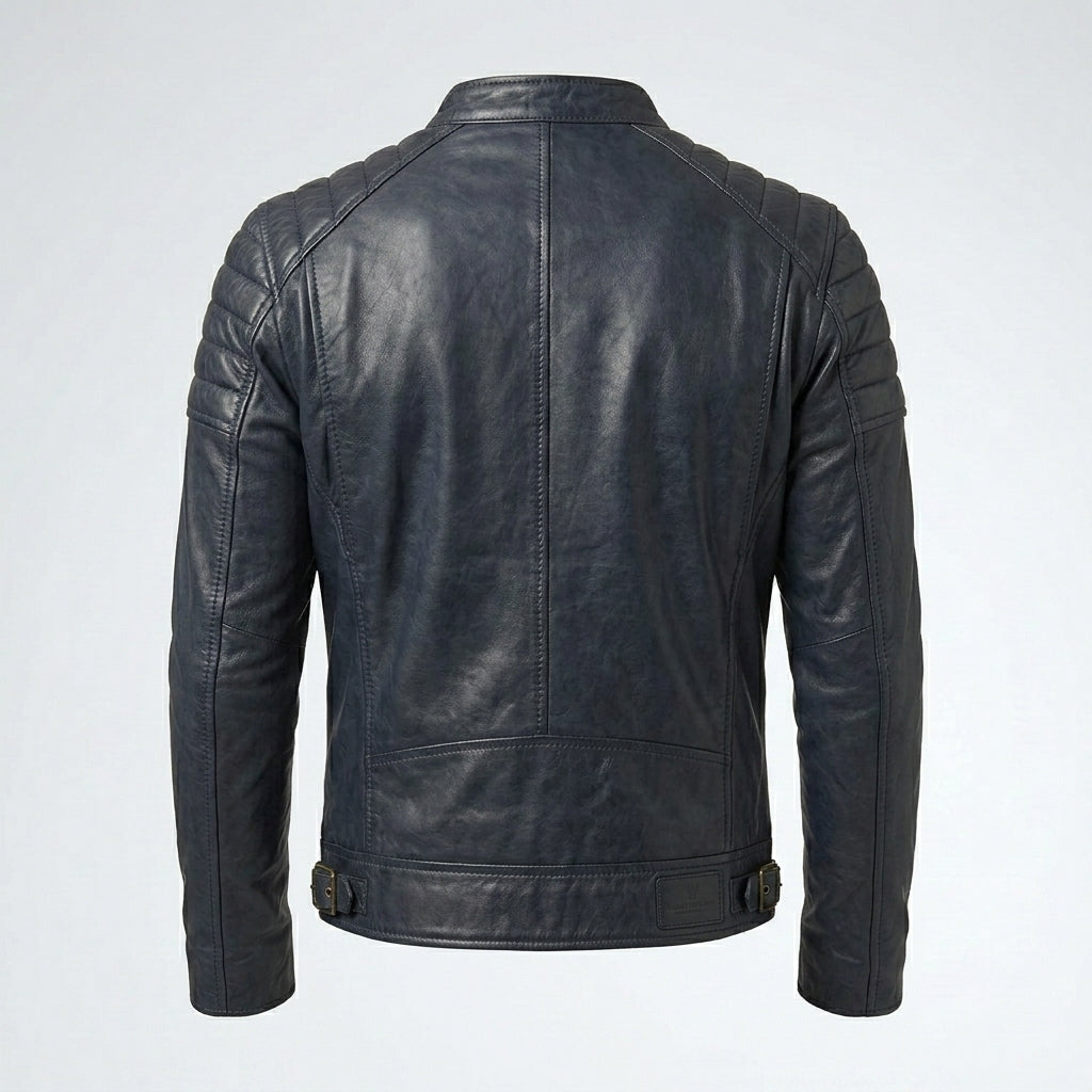 Men’s Navy Leather Moto Jacket – Slim Fit Modern Biker Style