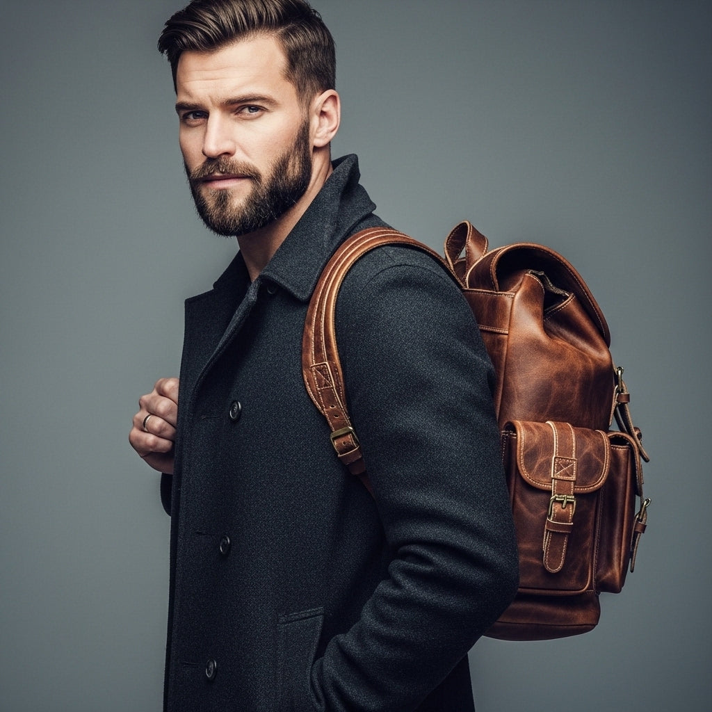 Men’s Vintage Top-Grain Cowhide Leather Backpack with Brass Hardware
