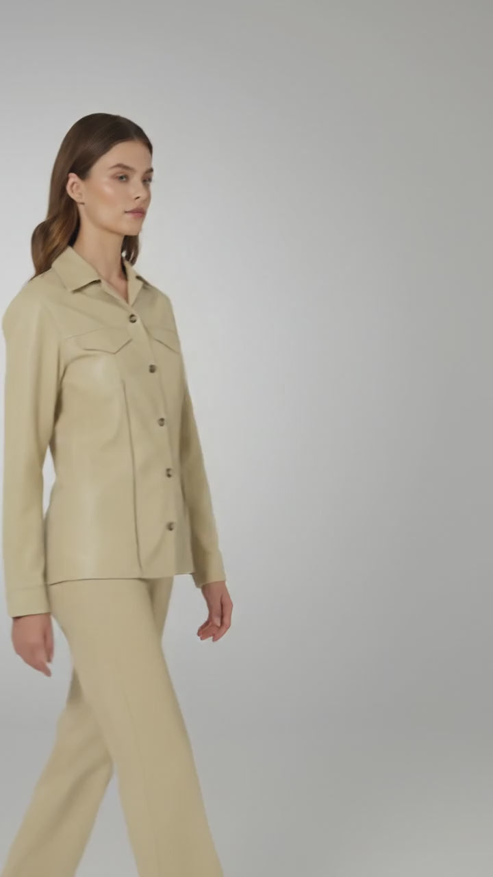 Beige Faux Leather Shirt Jacket for Women