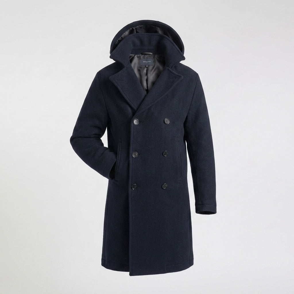 Men’s Dark Blue Fleece Peacoat – Classic Double-Breasted Winter Coat
